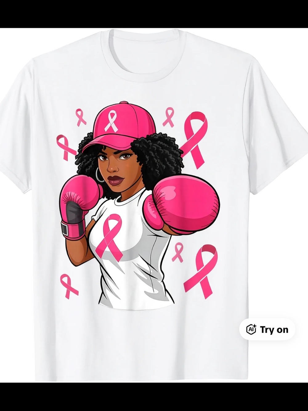 Women’s Black Short-Sleeve Tee with White Pink Breast Cancer Awareness Graphic